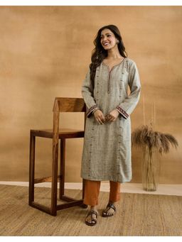 Fabindia - Women Khaki Self Design Sweetheart Neck Kurta