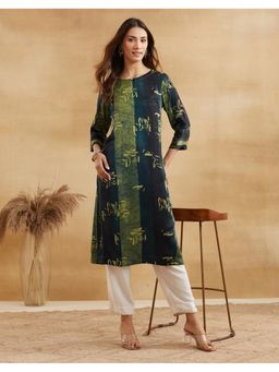 Fabindia - Women Dark Green Printed Round Neck Kurta