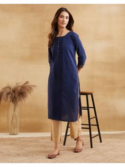 Fabindia - Women Navy Blue Solid Round Neck Kurta