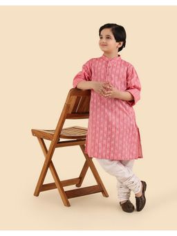 Fabindia - Boys Pink Geometric Printed Mandarin Collar Kurta