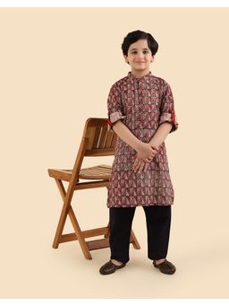Fabindia - Boys Maroon Printed Mandarin Collar Kurta