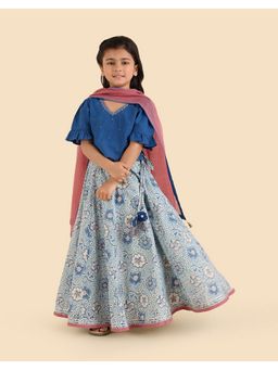 Fabindia - Girls Blue Cotton Floral Lehenga with Choli and Dupatta