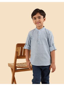 Fabindia - Boys Blue Printed Mandarin Collar Kurta