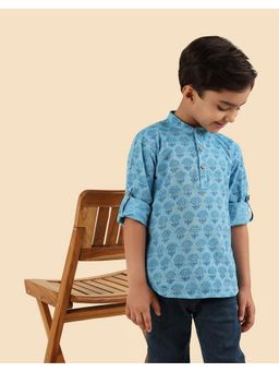 Fabindia - Boys Blue Floral Print Mandarin Collar Kurta