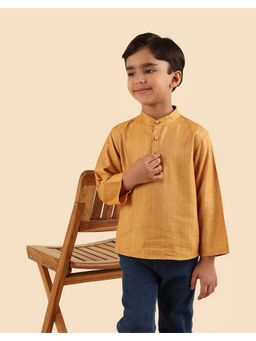 Fabindia - Boys Mustard Striped Mandarin Collar Kurta