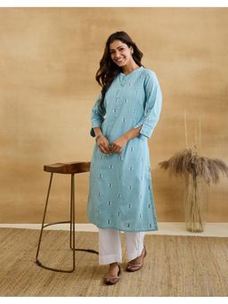 Fabindia - Women Blue Woven Design Mandarin Collar Kurta