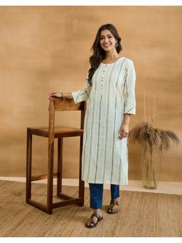 Fabindia - Women Off White Striped Round Neck Kurta