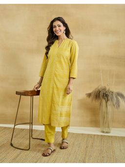 Fabindia - Women Green Striped Mandarin Collar Kurta