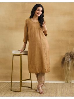 Fabindia - Women Brown Striped V-Neck Kurta