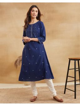Fabindia - Women Navy Blue Woven Design Round Neck Kurta