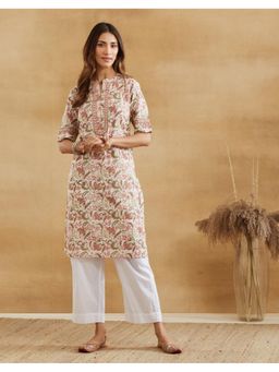 Fabindia - Women Multicolor Floral Print Mandarin Collar Kurta