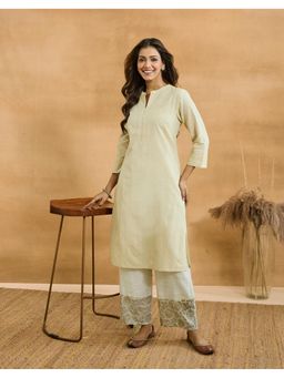 Fabindia - Women Beige Woven Design Mandarin Collar Kurta