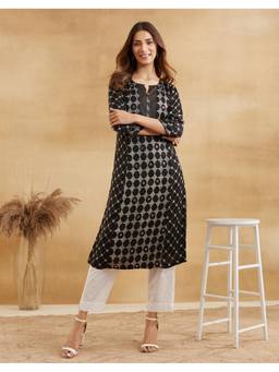 Fabindia - Women Black Printed Round Neck Kurta