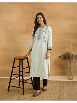 Fabindia - Women Off White Embroidered Round Neck Kurta