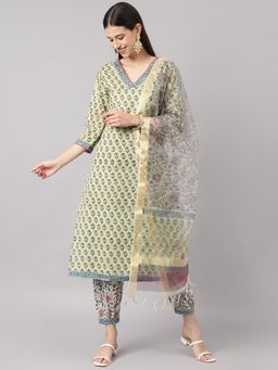 Divena - Green and White Cotton Hand Block Printed Kurta Pant with Dupatta (Set of 3)