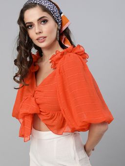 KASSUALLY - Orange Self Design V-Neck Front Knot Crop Top