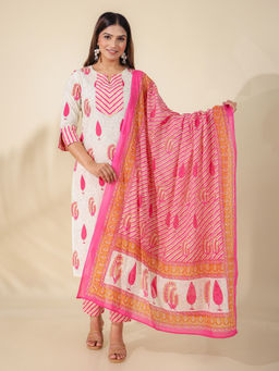ARAMYA - Women Pink Floral Kurta with Pant and Dupatta (Set of 3)