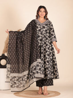 ARAMYA - Women Black Floral Anarkali Kurta with Palazzo and Dupatta (Set of 3)