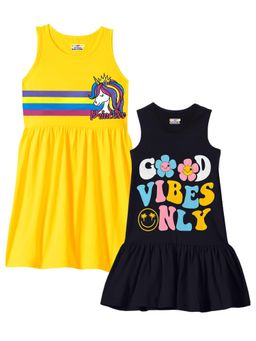 Kuchipoo - Girls Regular Fit Sleeveless Graphic Multi-Color Knee Length Dress (Pack of 2)