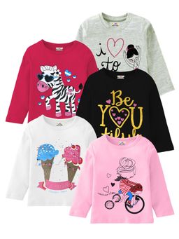 Kuchipoo - Girls Regular Fit Full Sleeves Graphic Multi-Color T-Shirts (Pack of 5)