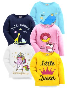 Kuchipoo - Girls Regular Fit Full Sleeves Graphic Multi-Color T-Shirts (Pack of 5)