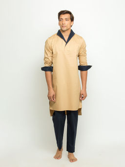 Echke - Khakhi Kurta with High Neck Cross Collar Co-Ord (Set of 2)