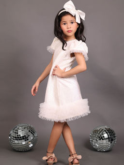 Little Carrot - White Rhinestone Detailing Velvet A-Line Dress