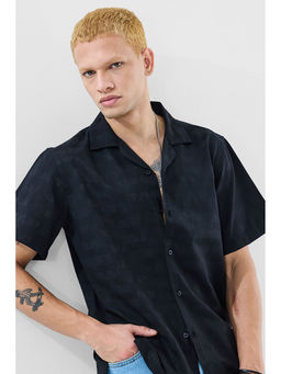 Snitch - Black Self Design Boxy Fit Shirt