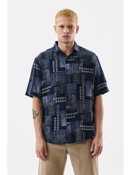 Snitch - Navy Blue Printed Regular Fit Shirt