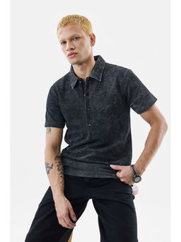Snitch - Black Textured Regular Fit Polo T-Shirt