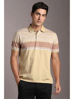 Louis Philippe - Beige Stripes Regular Fit Polo T-Shirt