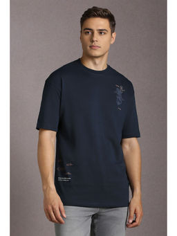 Louis Philippe - Navy Blue Embroidered Regular Fit T-Shirt