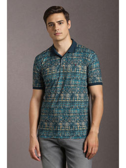 Louis Philippe - Teal Printed Slim Fit Polo T-Shirt