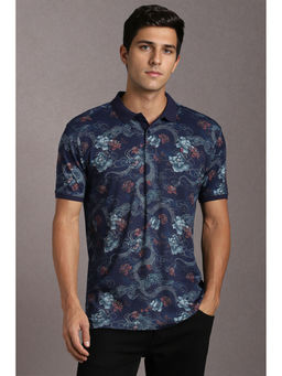 Louis Philippe - Navy Blue Printed Slim Fit Polo T-Shirt