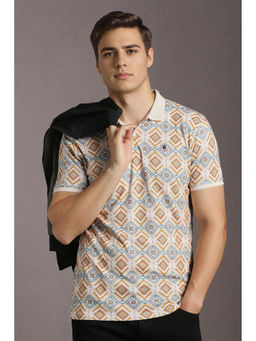 Louis Philippe - Cream Printed Slim Fit Polo T-Shirt