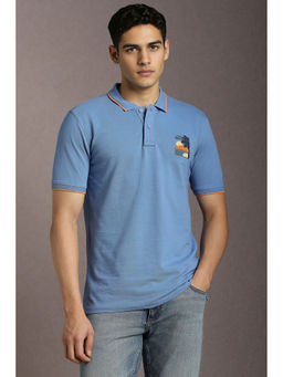 Louis Philippe - Blue Embroidered Slim Fit Polo T-Shirt