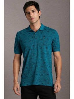 Louis Philippe - Teal Printed Slim Fit Polo T-Shirt