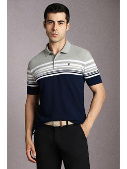 Louis Philippe - Navy Blue Stripes Slim Fit Polo T-Shirt