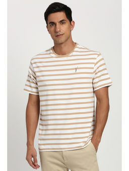 Peter England - Beige Stripes Regular Fit T-Shirt