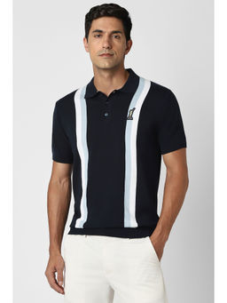 Peter England - Navy Blue Stripes Regular Fit Polo T-Shirt
