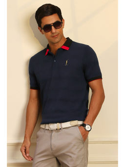 Peter England - Navy Blue Stripes Regular Fit Polo T-Shirt