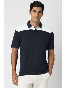 Peter England - Navy Blue Colorblock Regular Fit Polo T-Shirt