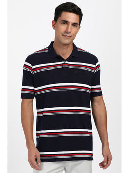 Peter England - Navy Blue Stripes Regular Fit Polo T-Shirt
