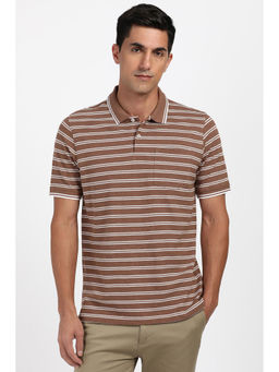 Peter England - Brown Stripes Regular Fit Polo T-Shirt