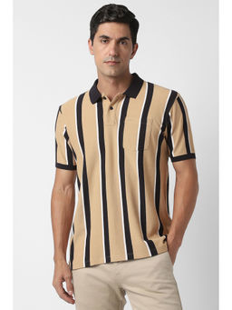 Peter England - Beige Stripes Regular Fit Polo T-Shirt