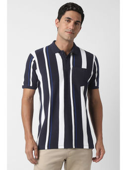Peter England - Navy Blue Stripes Regular Fit Polo T-Shirt