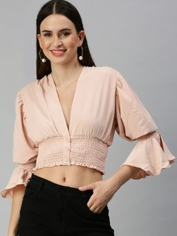 SHOWOFF - Women Plunging Neck Solid Peach Crop Top