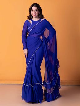 NUD - Aquamarine Blue Pre-Draped Frilled Saree with Stitched Blouse and Petticoat