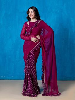 NUD - Aster Violet Pre Draped Frilled Saree with Stitched Blouse and Petticoat