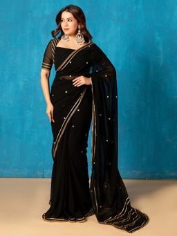 NUD - Black Embroided Saree with Stitched Blouse and Petticoat